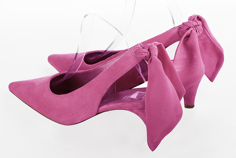 Fuschia pink women's slingback shoes. Pointed toe. Medium slim heel. Rear view - Florence KOOIJMAN